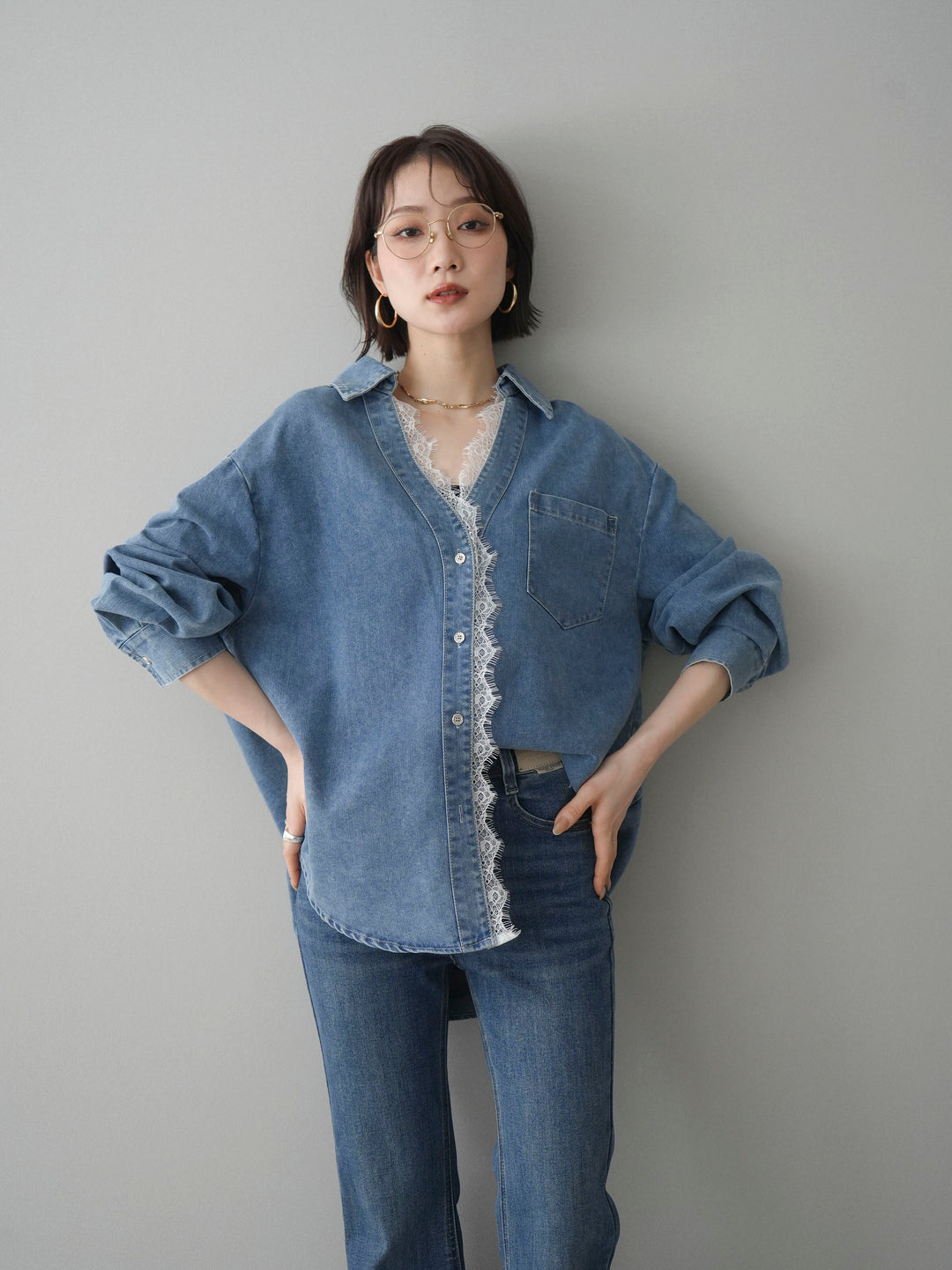 [SET]レースレイヤードデニム開襟シャツ+選べるアクセセット(2set)