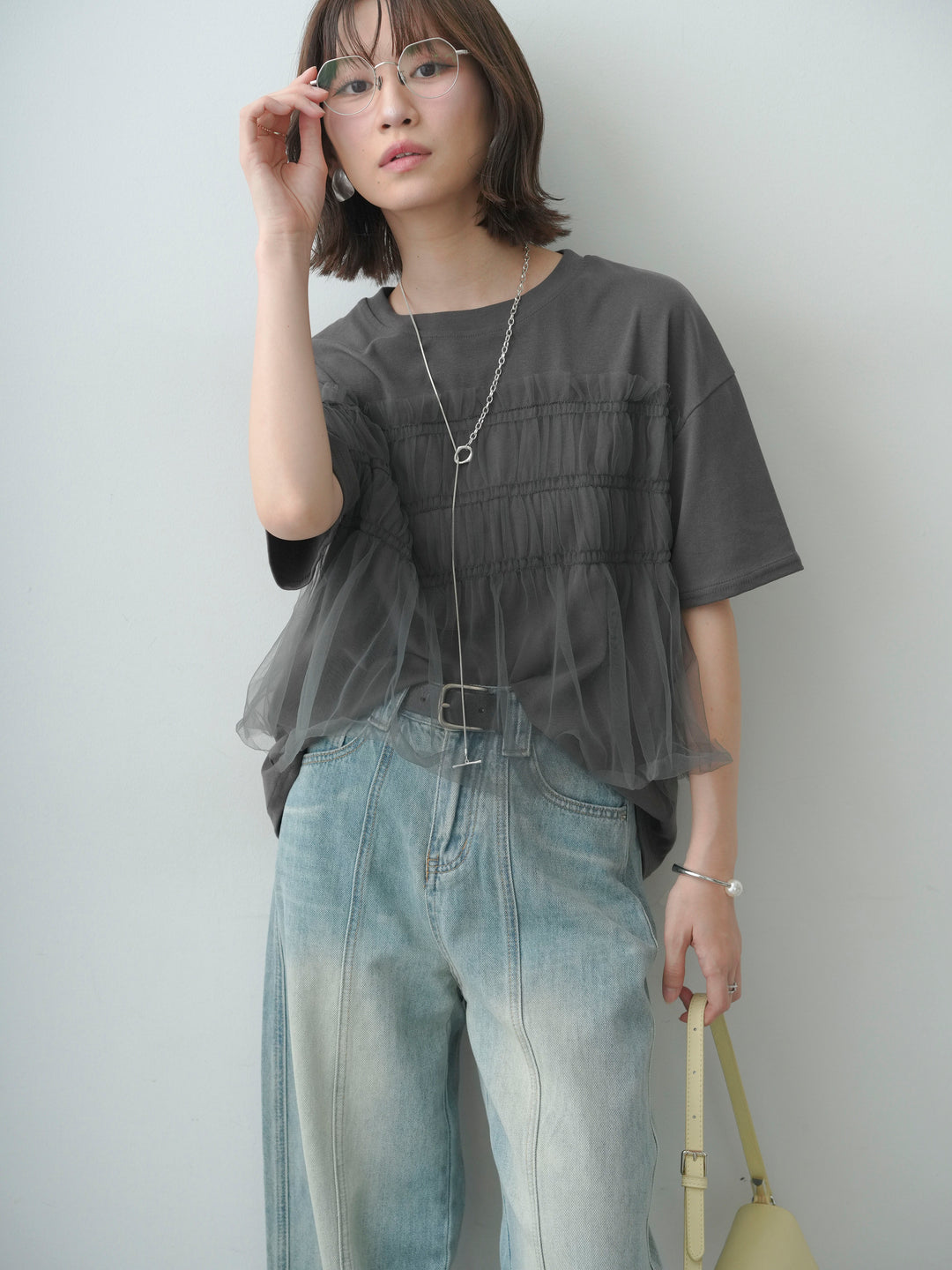 [SET]ギャザーチュールドッキングTEE+センターラインカーブクロップデニム(2set)