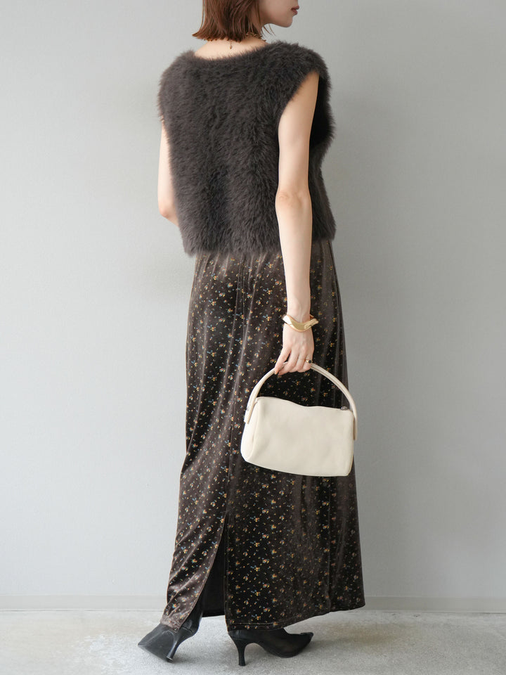 [予約]ベロアフラワープリントIラインスカート/ブラウンxイエロー