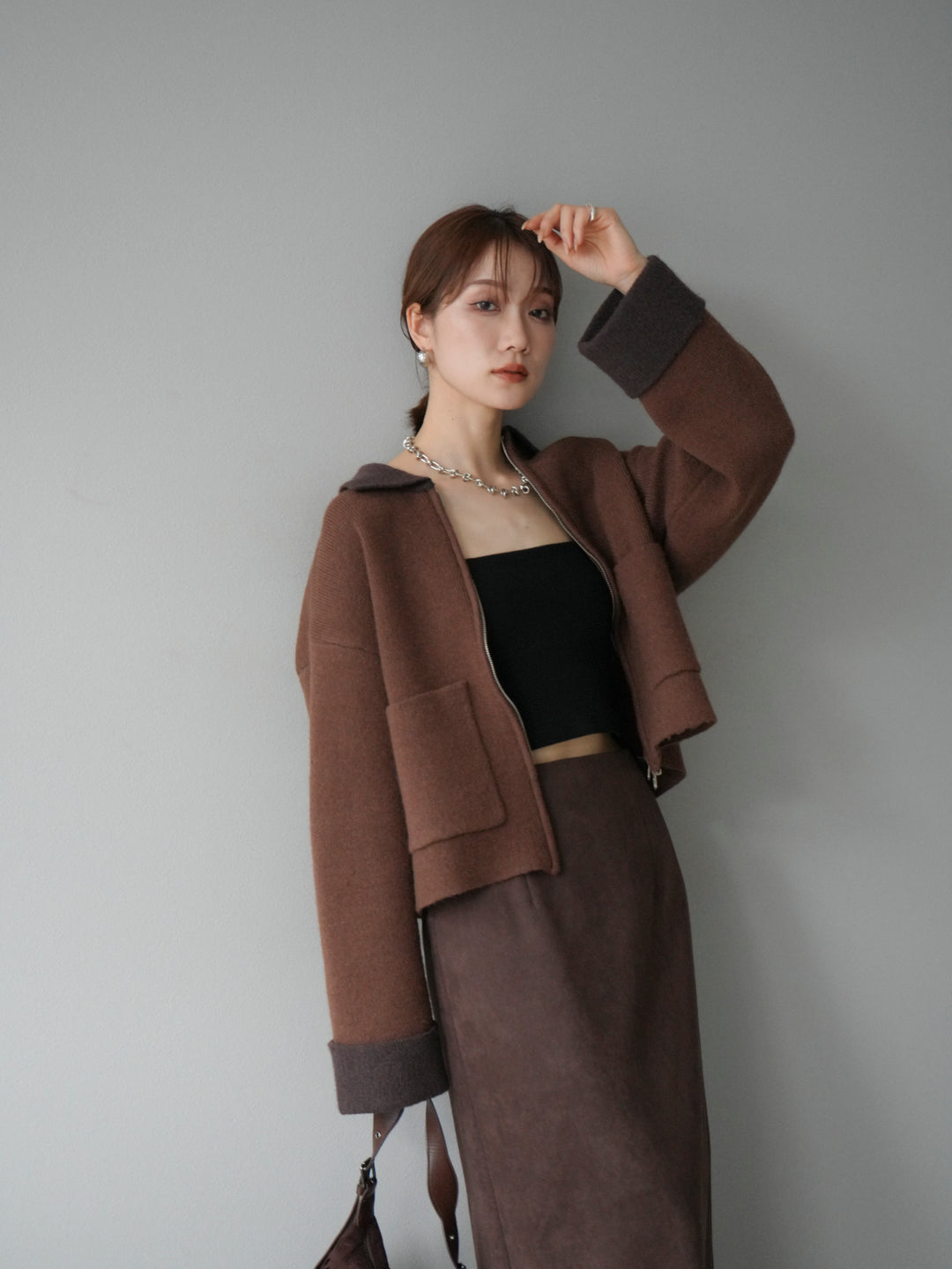 [予約]ポロ襟ジップニットカーディガン/キャメル