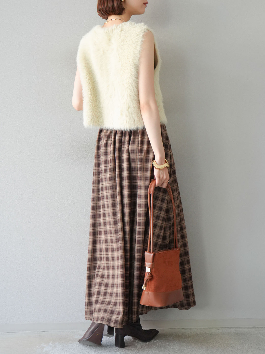 [予約]チェックタックフレアロングスカート/ ブラウン