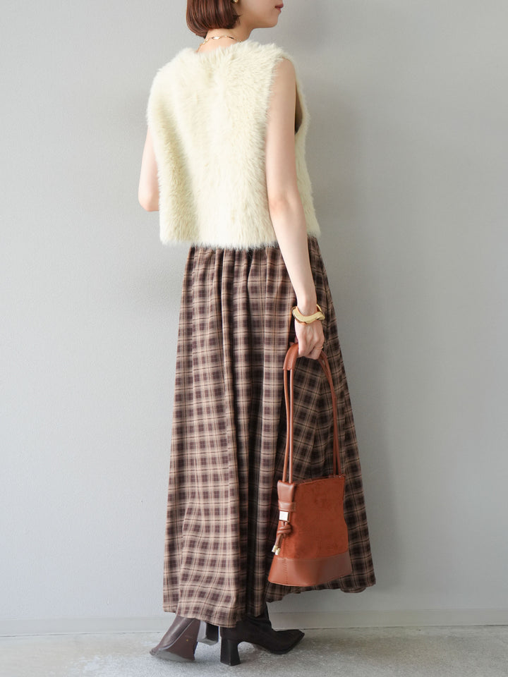 [予約]チェックタックフレアロングスカート/ ブラウン