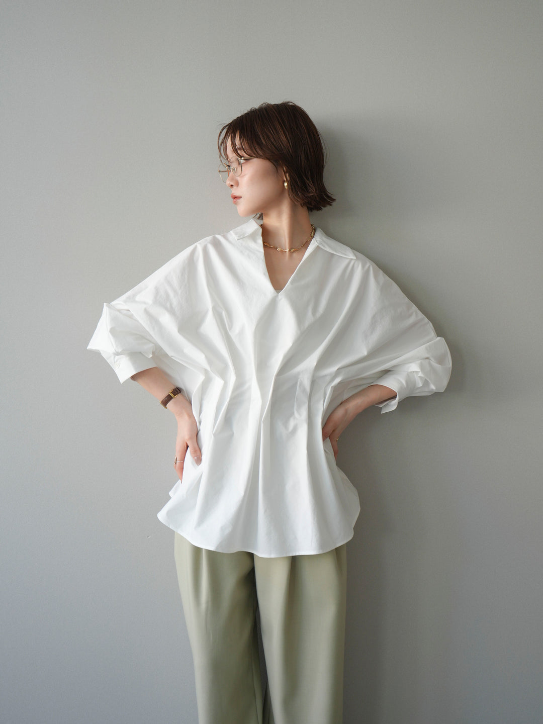 [予約]ウエストギャザースキッパーシャツ/white
