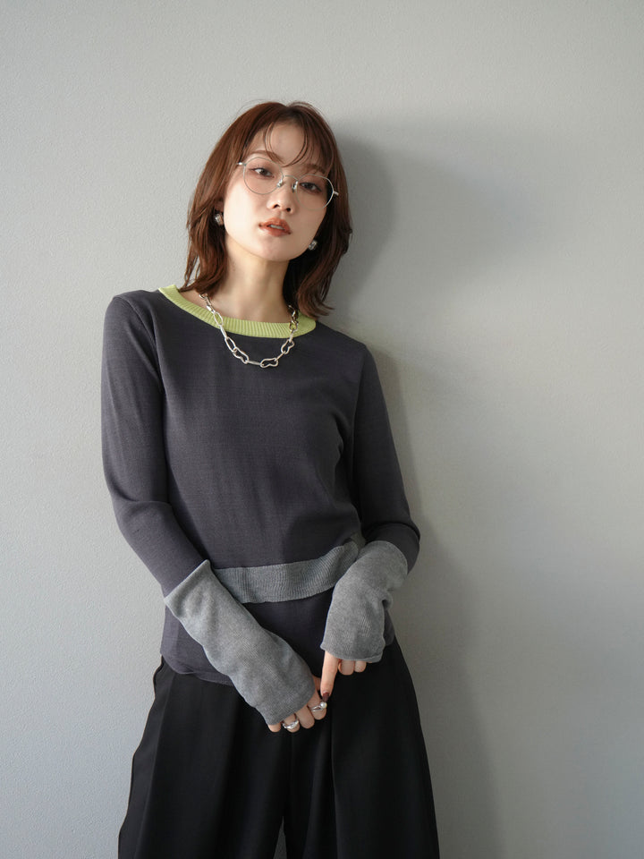 [予約]異素材配色デザインニットトップス/チャコール