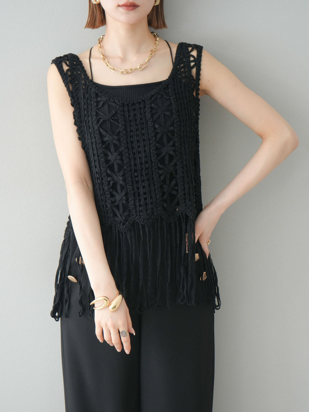 [予約]クロシェフリンジノースリーブトップス/ブラック