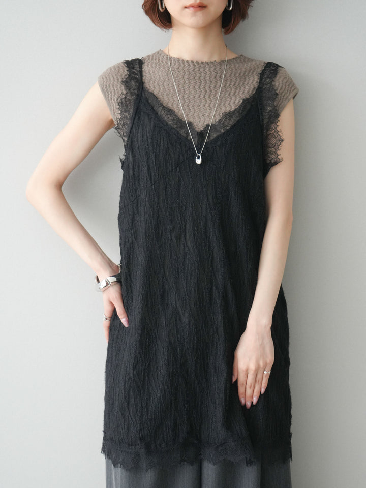[予約]レース切替ジャガードニットロングキャミソール/black