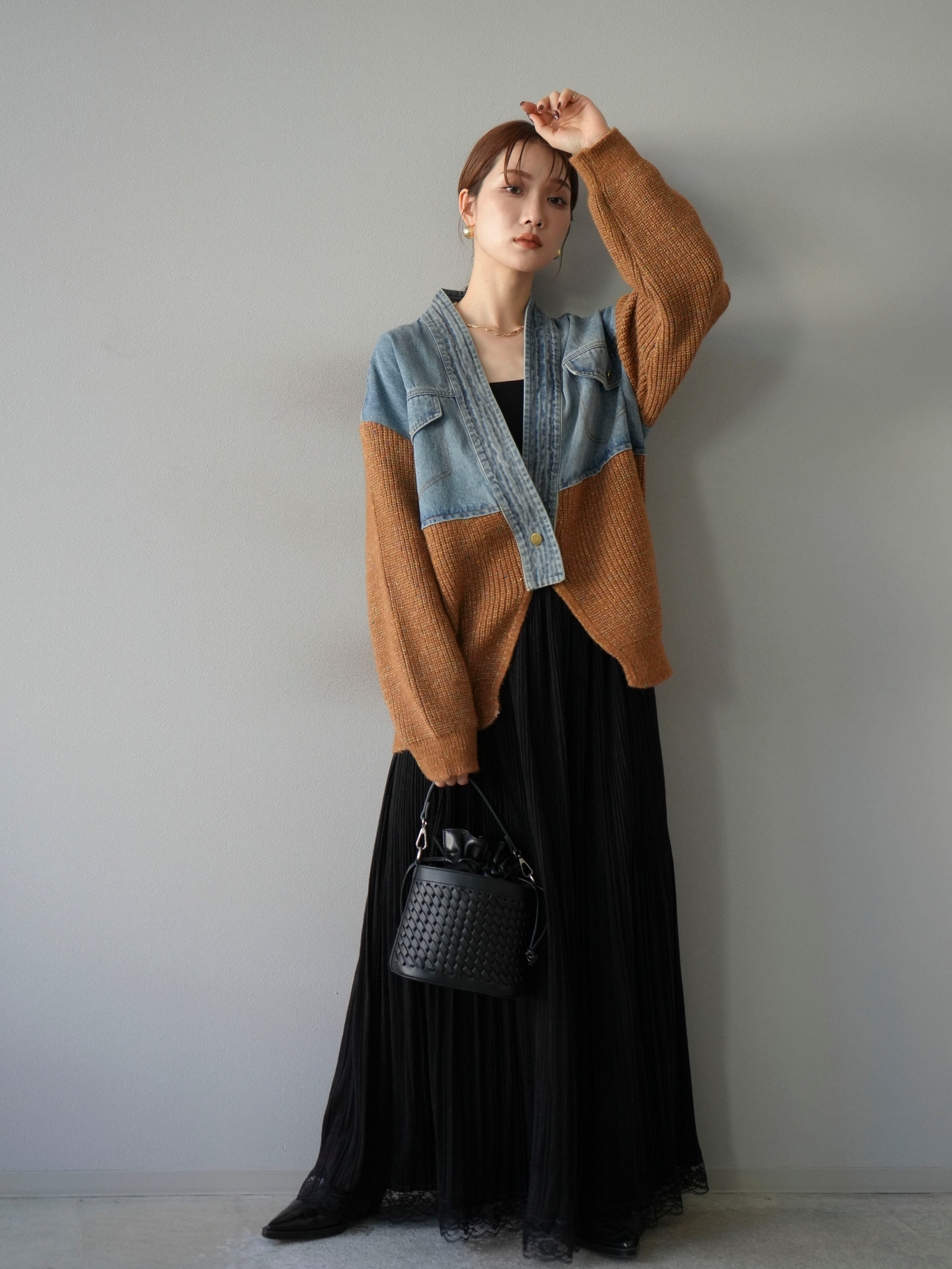 予約]デニム切替ネップニットカーディガン/キャメル – Lumier