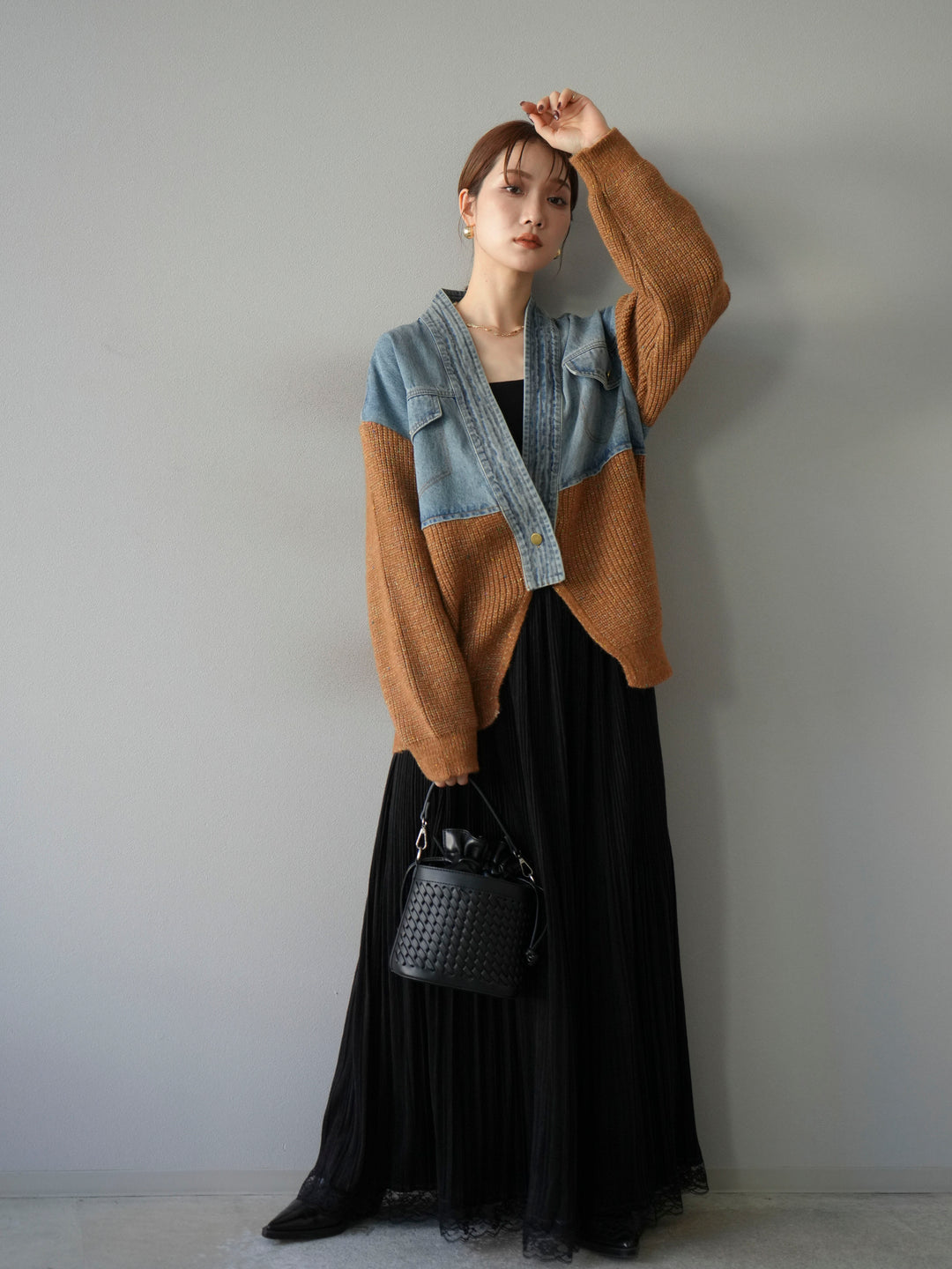 [予約]デニム切替ネップニットカーディガン/キャメル