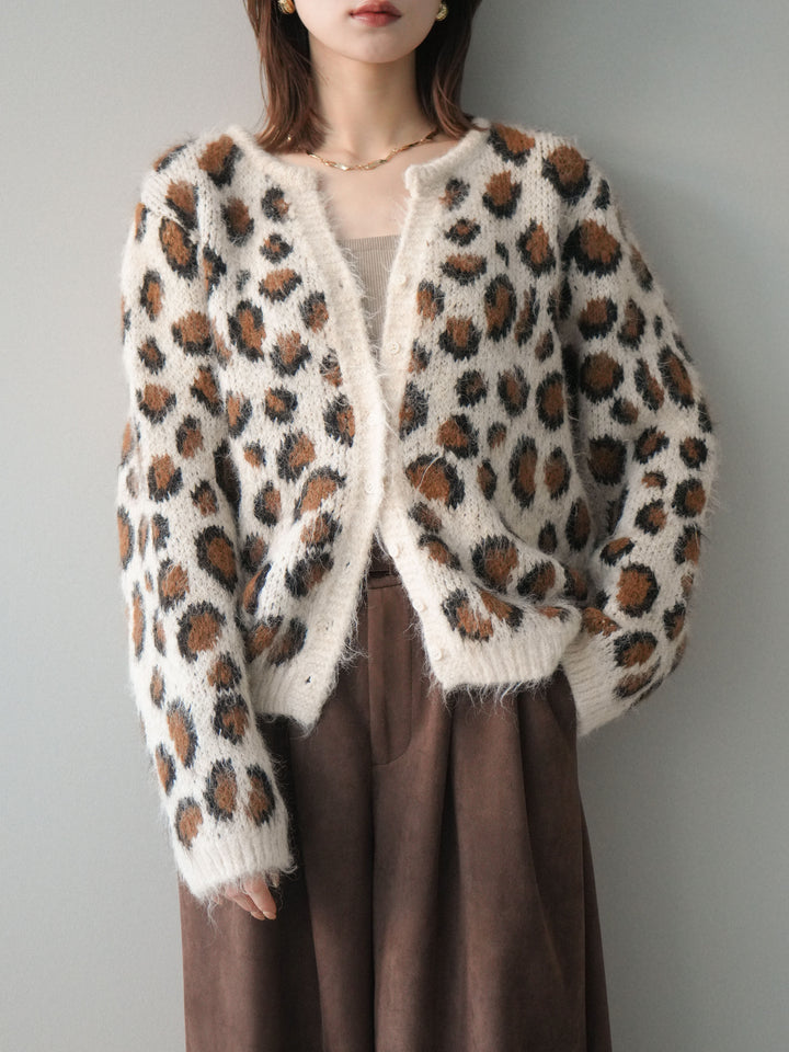 [SET]モヘアタッチレオパード柄ニットカーディガン+選べるアクセセット(2set)