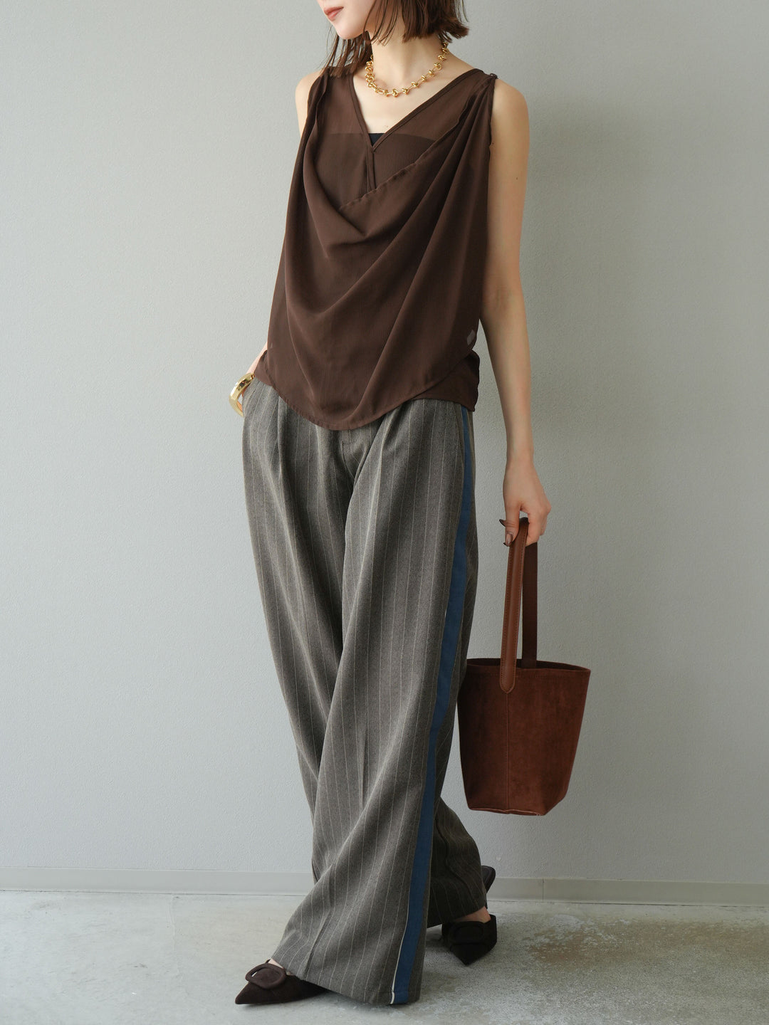 [予約]シアードレープレイヤードノースリーブトップス/ブラウン