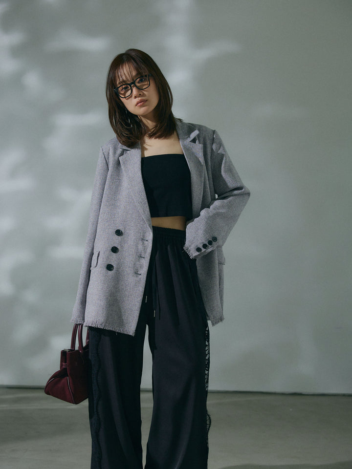 【Allure】[SET]スラブツイードフリンジテーラージャケット+サイドピンタックレースイージーワイドパンツ(2set)