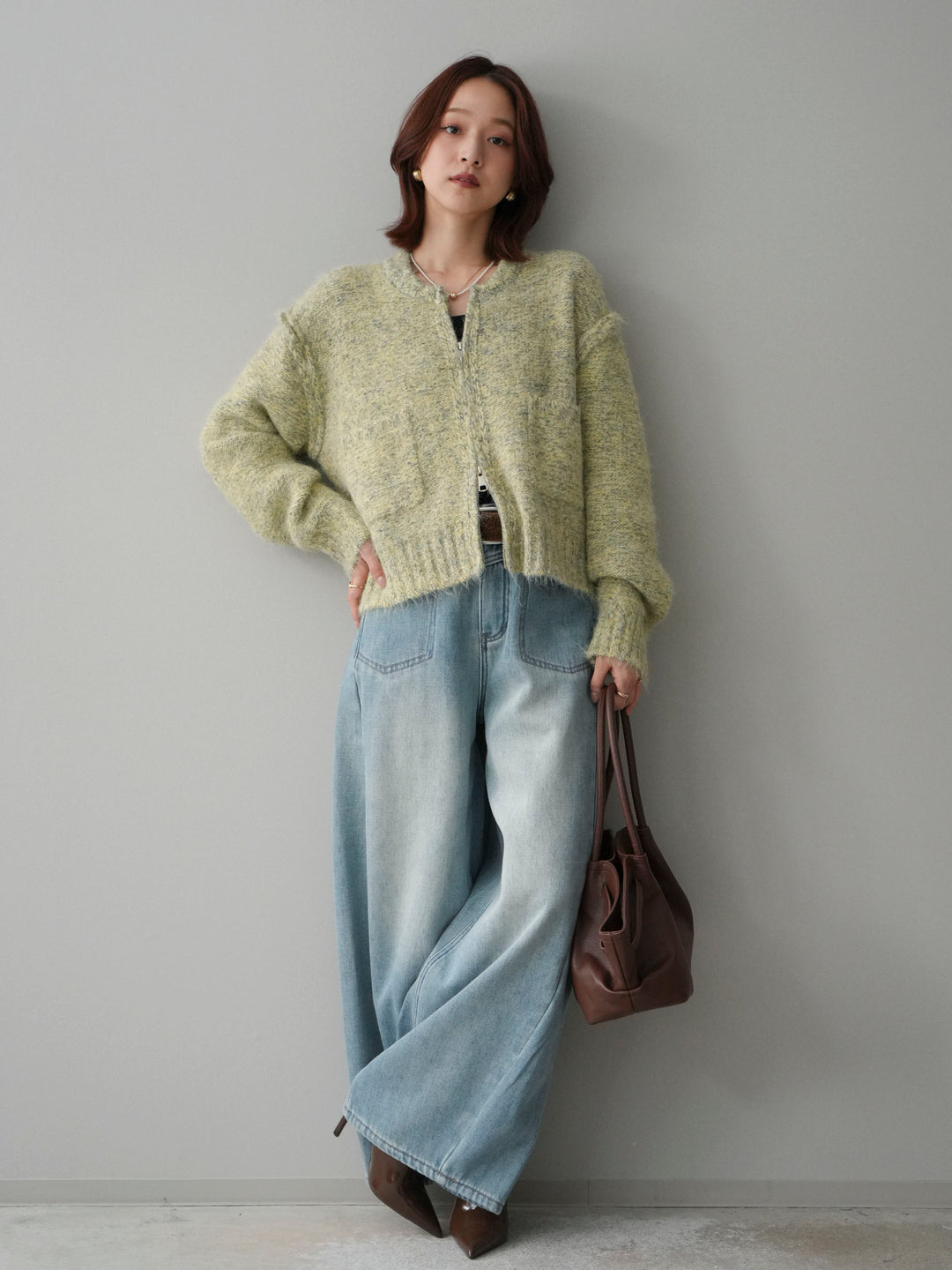 [SET]ミックスヤーンダブルZIPニットカーディガン+ベルト付裏起毛カーブデニムパンツ(2set)