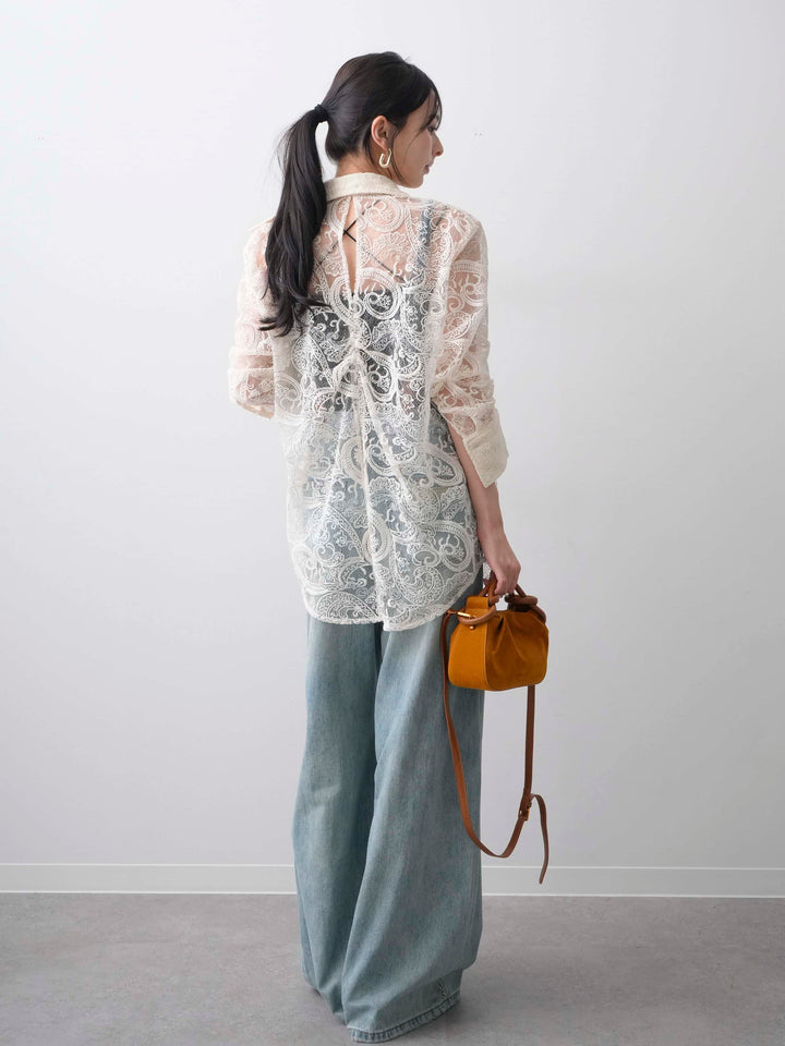 【套裝】薄紗佩斯利刺繡長袖襯衫+皮革拼接肩帶牛仔背帶褲（兩件套）
