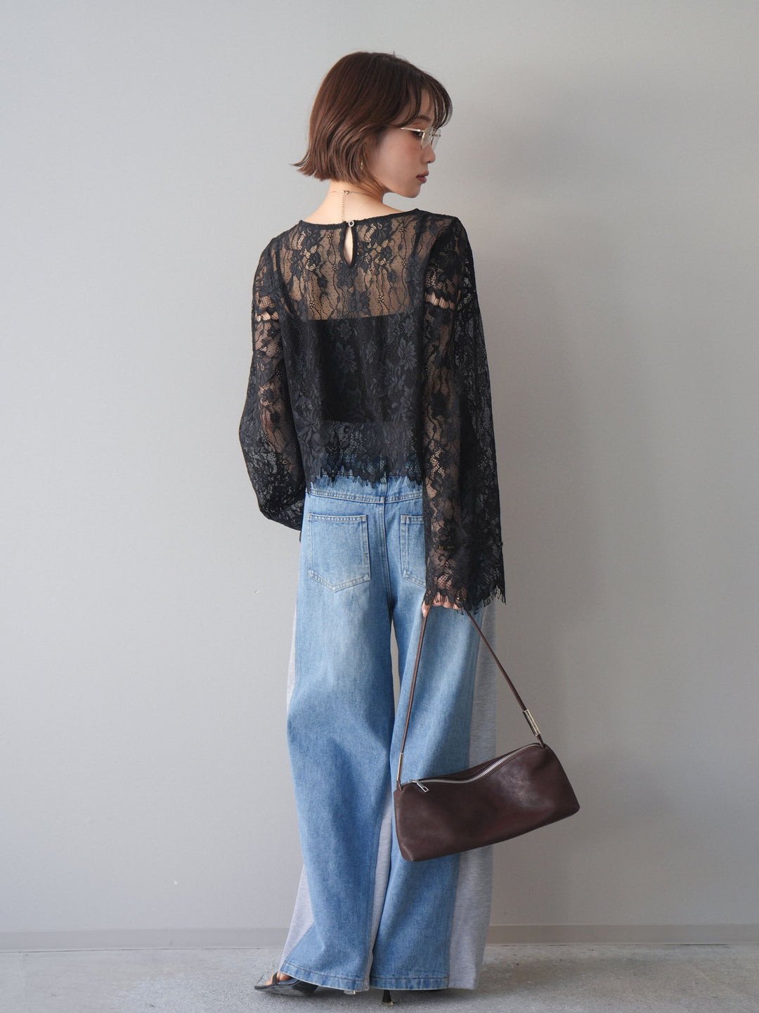 [SET]2WAYスリーブレーストップス+デニム切替スウェットパンツ(2set)