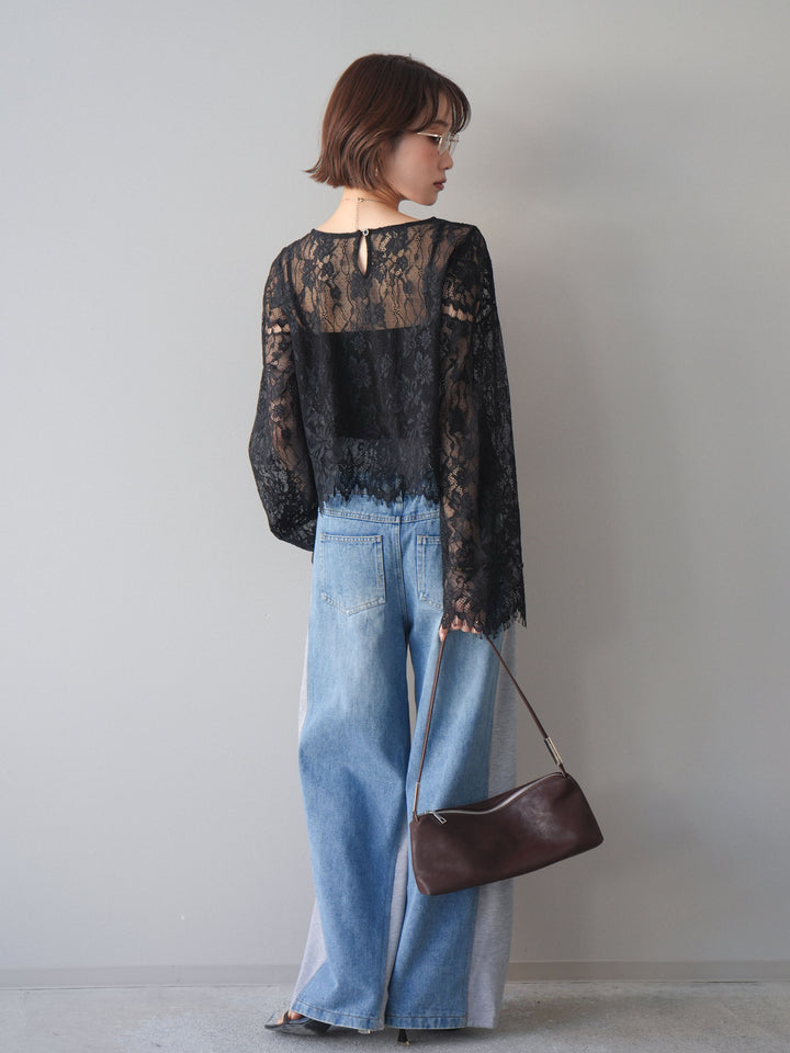 [SET]2WAYスリーブレーストップス+デニム切替スウェットパンツ(2set)