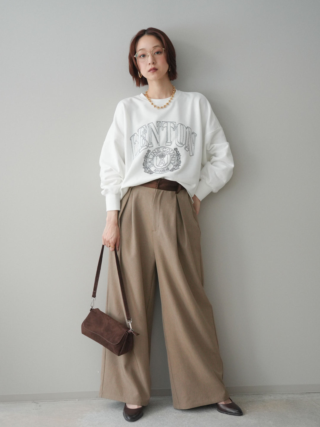 [予約]サテンベルトタックワイドパンツ/beige