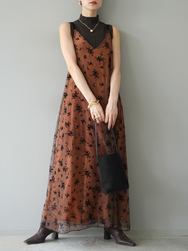 [SET]フロッキーチュールレイヤードベロアキャミワンピース+プチネックセンターシームノースリーニットトップス(2set)