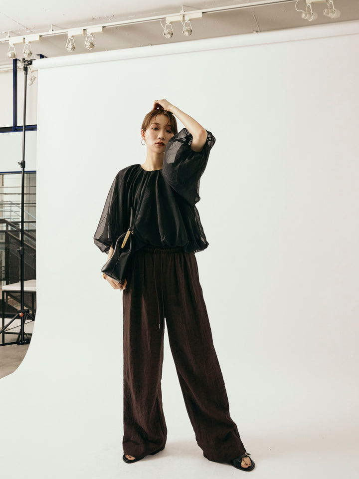 【Allure】[SET]オーガンジーバルーンショートブラウス+シャイニースラブシアーワイドパンツ(2set)