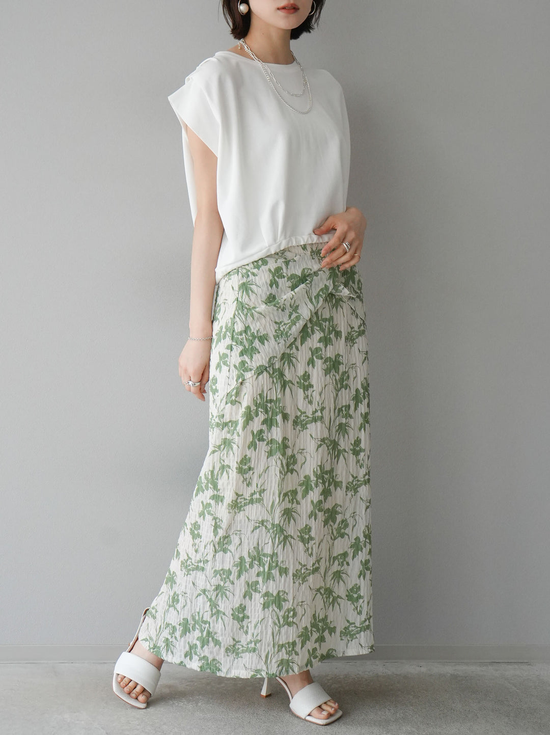 [Pre-order] Washer waist design flower pattern skirt/green