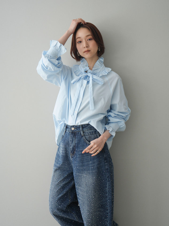 [予約]フリルネックギャザーブラウス/blue