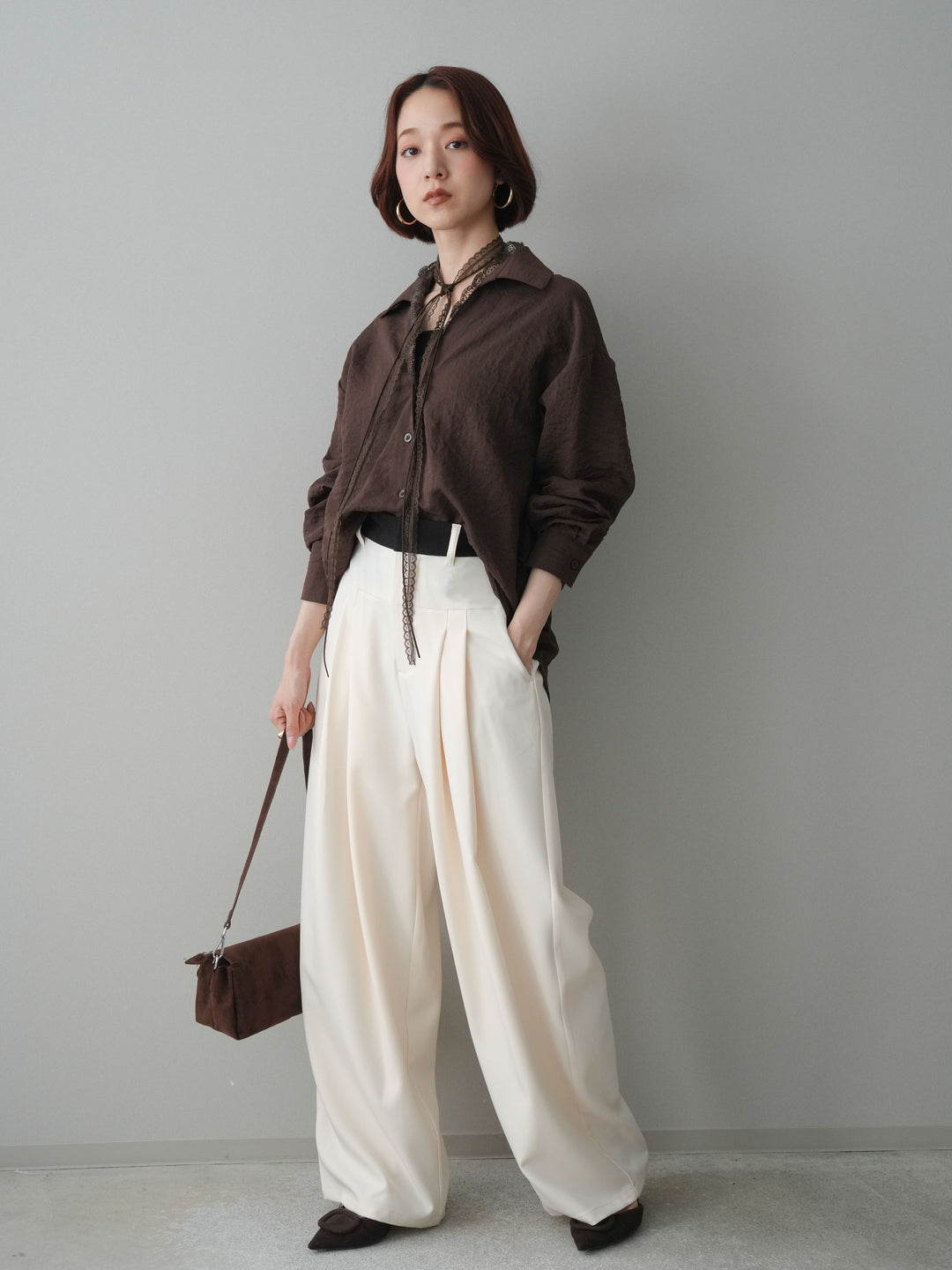 [予約]ウエストバイカラータックワイドパンツ/ivory