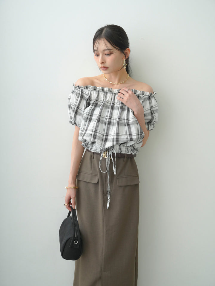 [SET]チェックギャザーオフショルトップス+クレープデシンフラップ付きストレートスカート(2set)