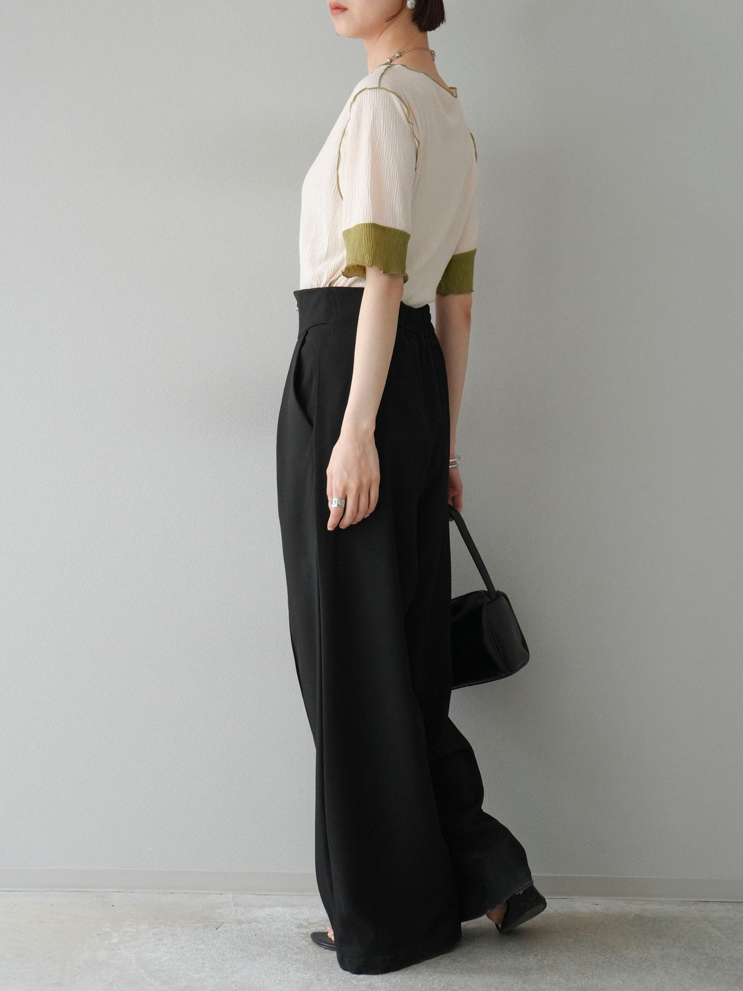 [SET] 百褶同色船領套頭衫 + 拉鍊褶襉寬褲 (2 套)