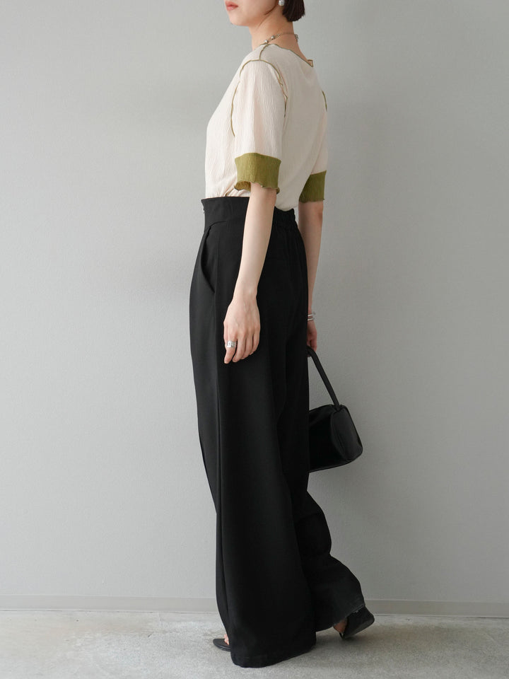 [SET] 百褶同色船領套頭衫 + 拉鍊褶襉寬褲 (2 套)