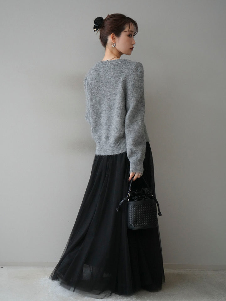 [SET]ブローチ付silverボタンミックスニットカーディガン+チュールボリュームスカート(2set)