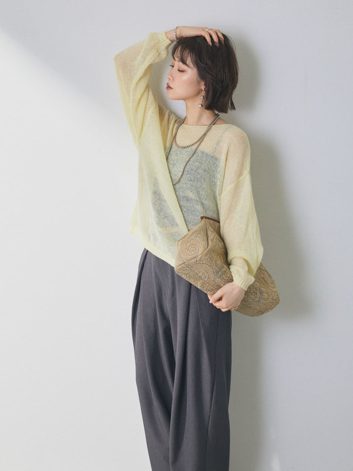 [予約]モヘアタッチ透かし編みボートネックニットプルオーバー/yellow