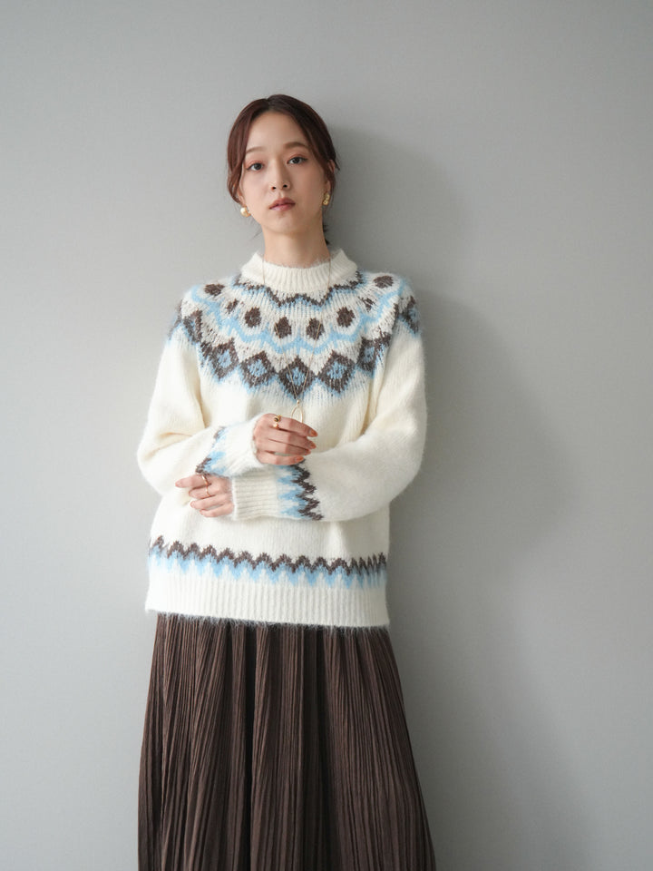 [SET]ソフトタッチ求心柄ニットプルオーバー+裾レーススウェードプリーツマキシスカート(2set)