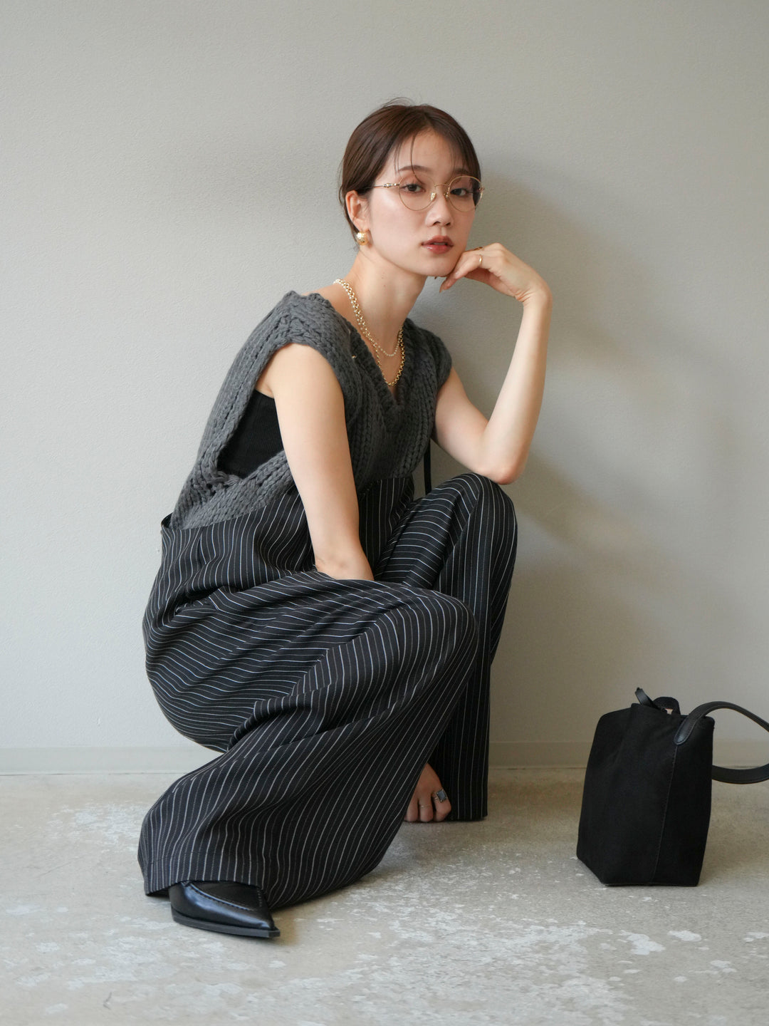 [予約]ヘリンボーンストライプサロペット/ブラック