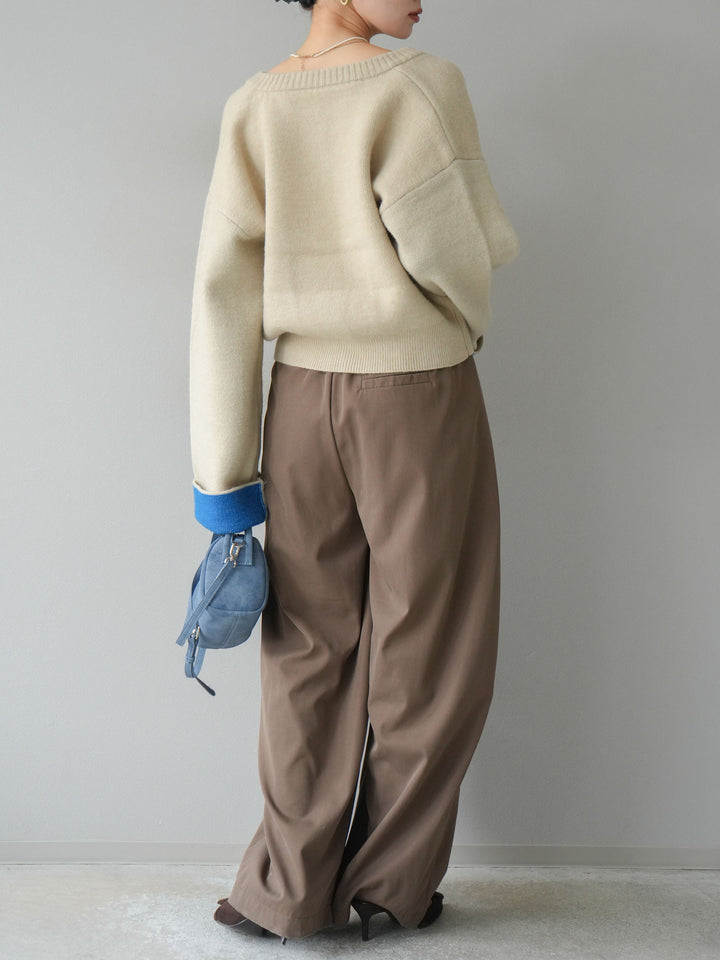 【SET】雙色針織開襟衫+褶襉設計寬褲（2套）