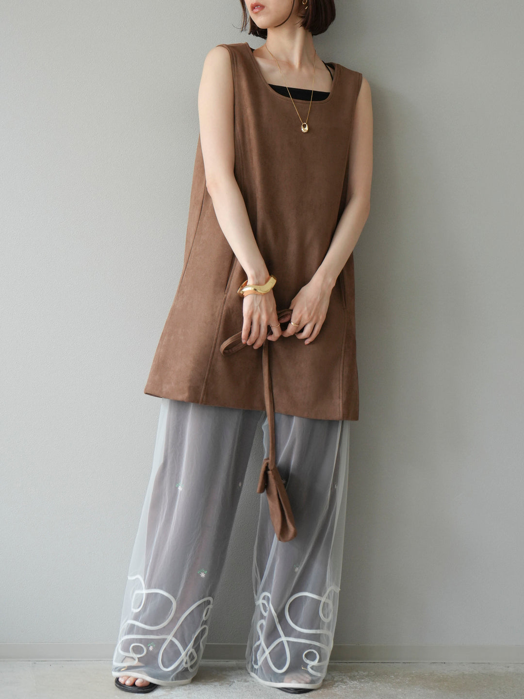 [予約]フラワー刺繍イージーパンツ/ブラウン