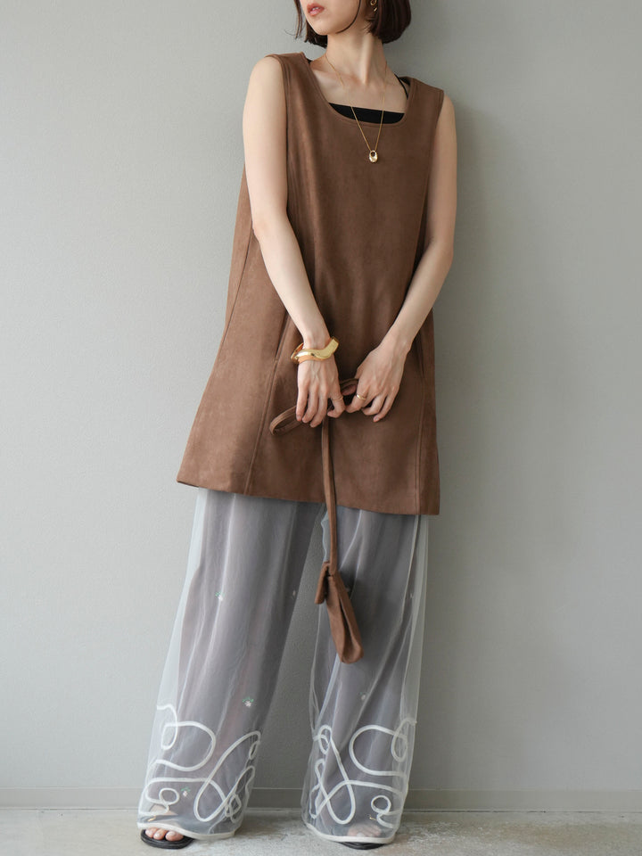 [予約]フラワー刺繍イージーパンツ/ブラウン