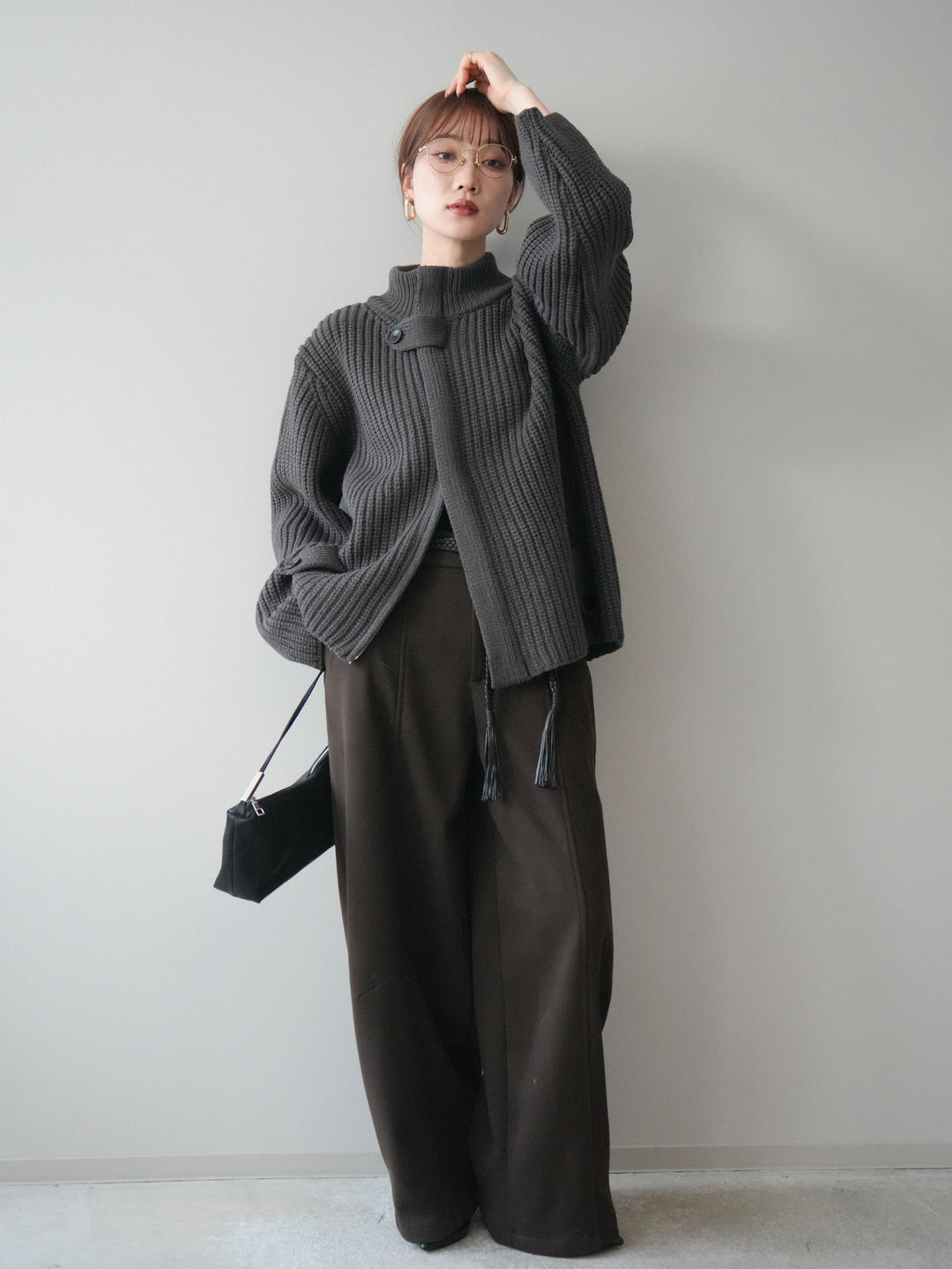 [SET]畦編みボトルネックZIPニットカーディガン+ベルト付裏起毛センターシームカーブパンツ(2set)