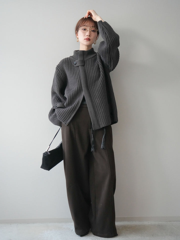 [SET]畦編みボトルネックZIPニットカーディガン+ベルト付裏起毛センターシームカーブパンツ(2set)