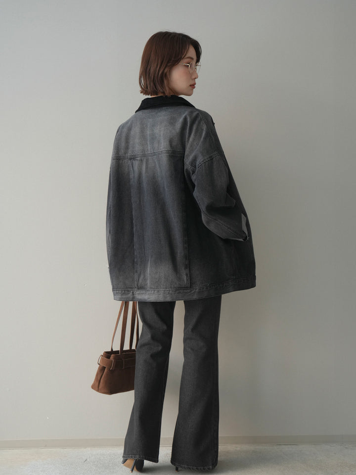 [SET]コーデュロイ×デニムミドルジャケット+フレアデニムパンツ(2set)