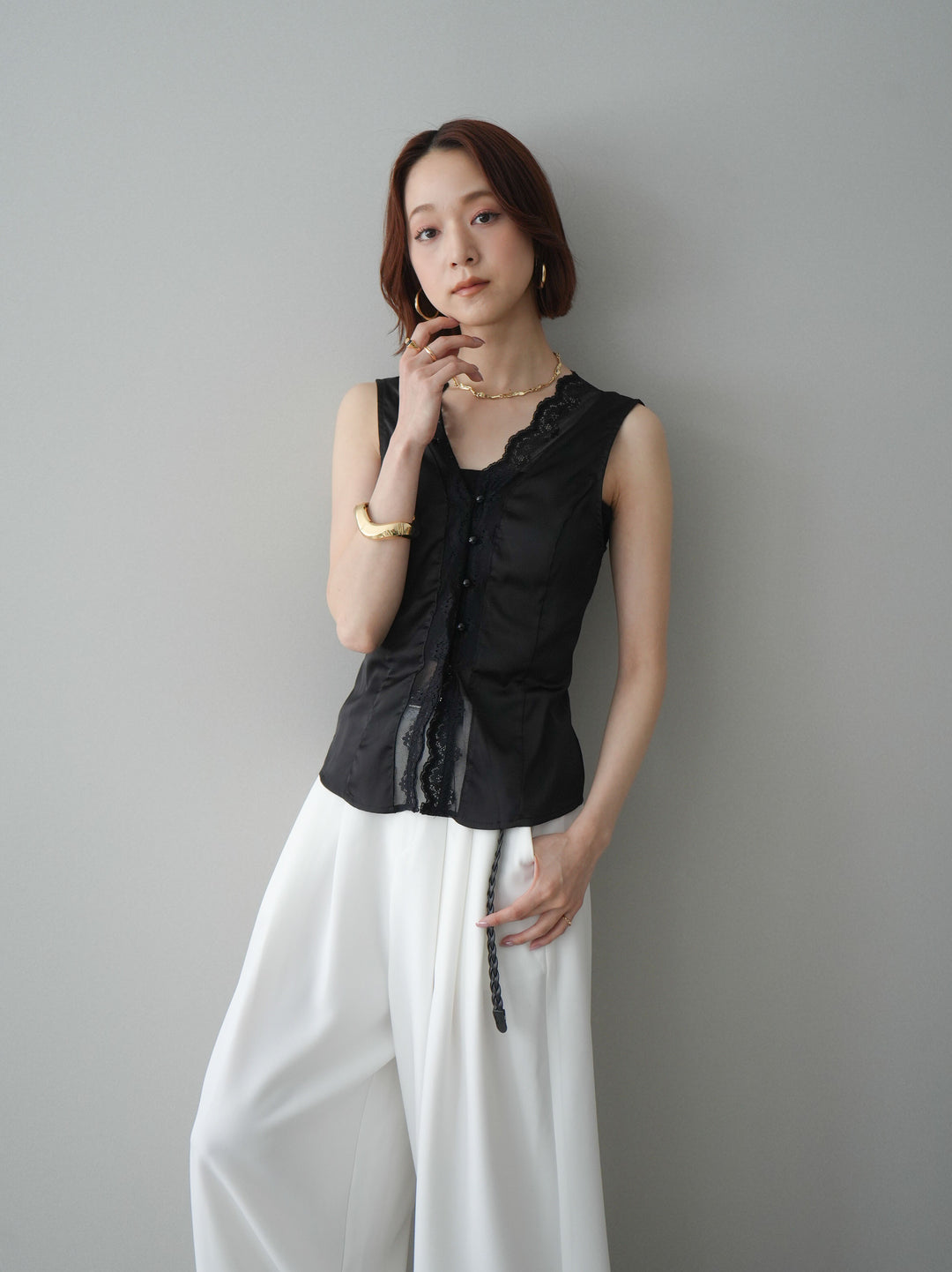 [予約]ノースリサテンレースキャミソール/black