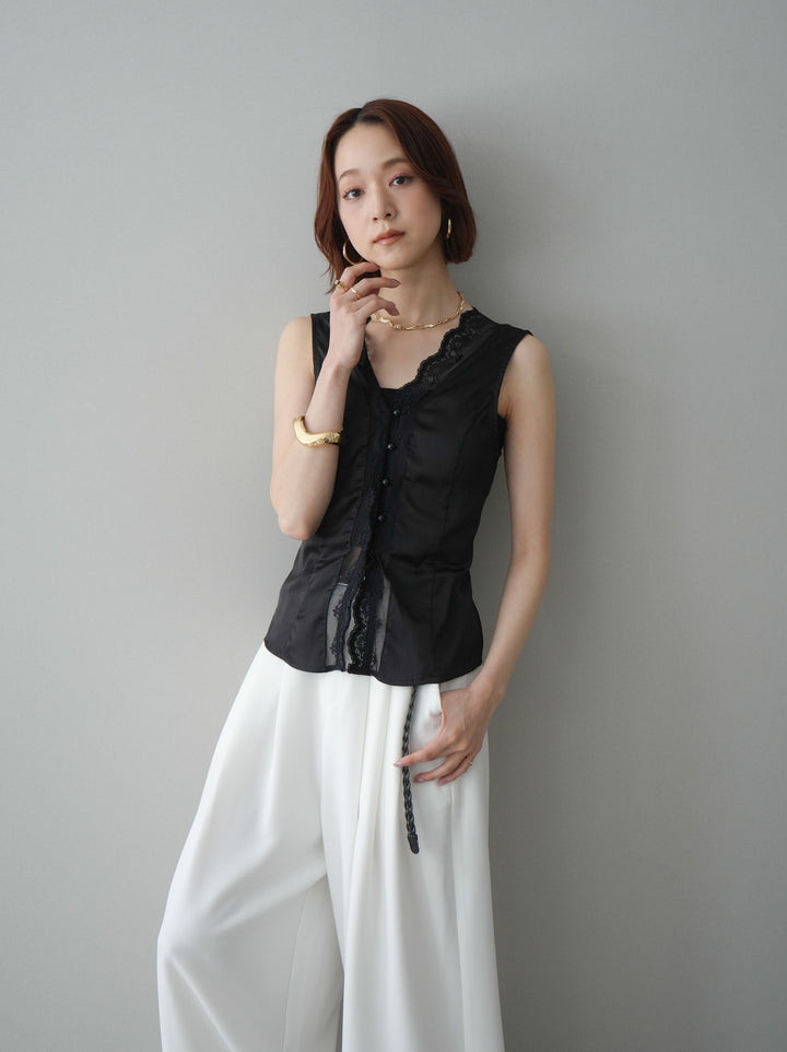 [予約]ノースリサテンレースキャミソール/black