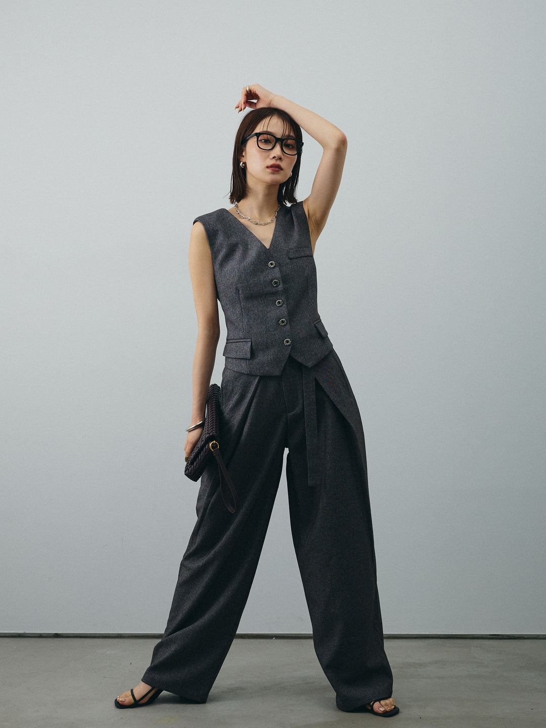 [SET]フラワーモチーフレースアップジレ＆ベルト付ワイドパンツSET UP(2set)