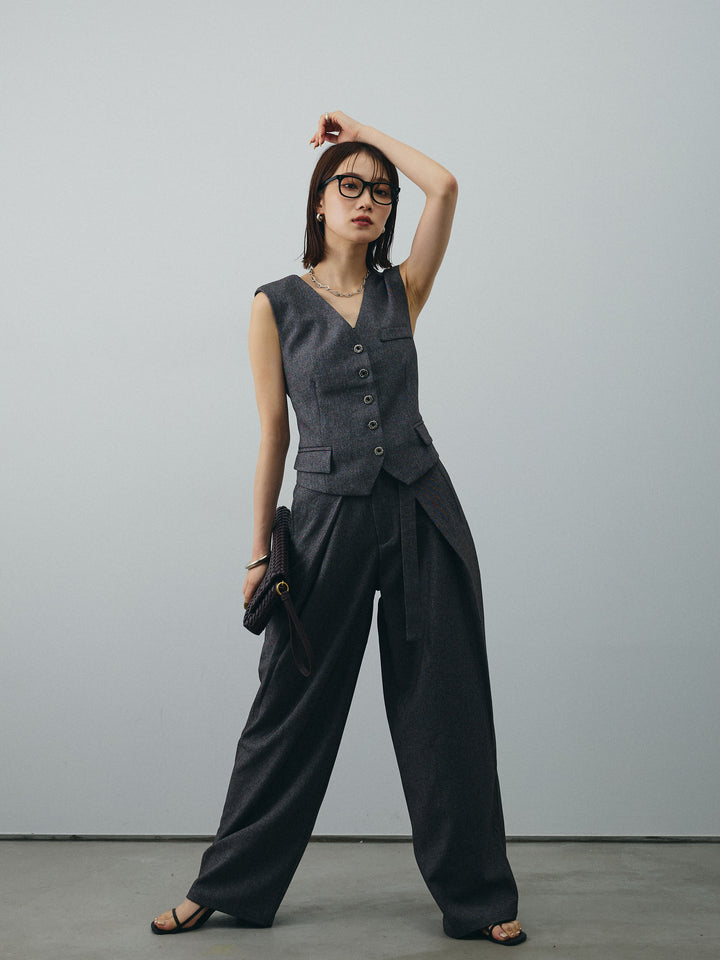 [SET]フラワーモチーフレースアップジレ＆ベルト付ワイドパンツSET UP(2set)