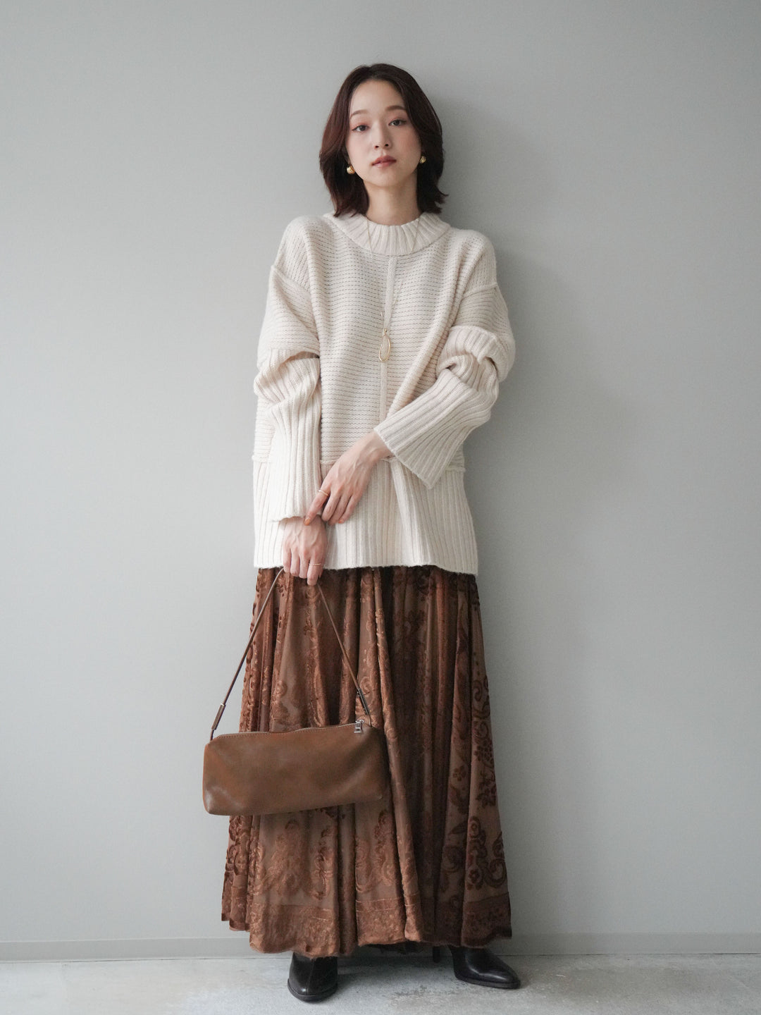 [SET]編み地切替ボトルネックニットプルオーバー+アンティーク柄フロッキーマキシスカート(2set)