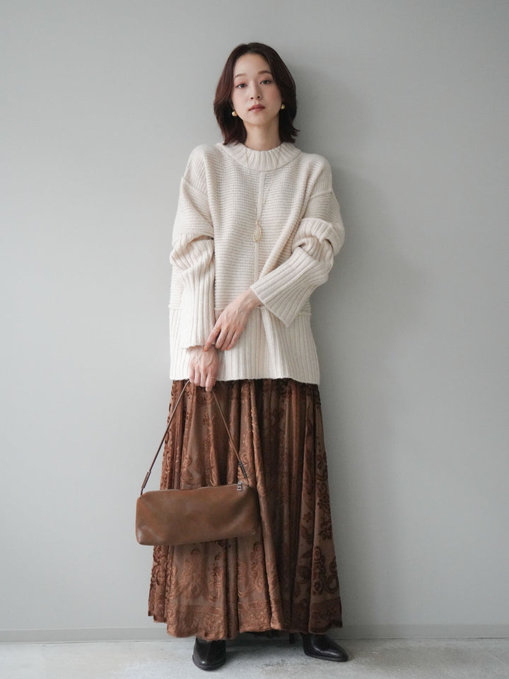 [SET]編み地切替ボトルネックニットプルオーバー+アンティーク柄フロッキーマキシスカート(2set)