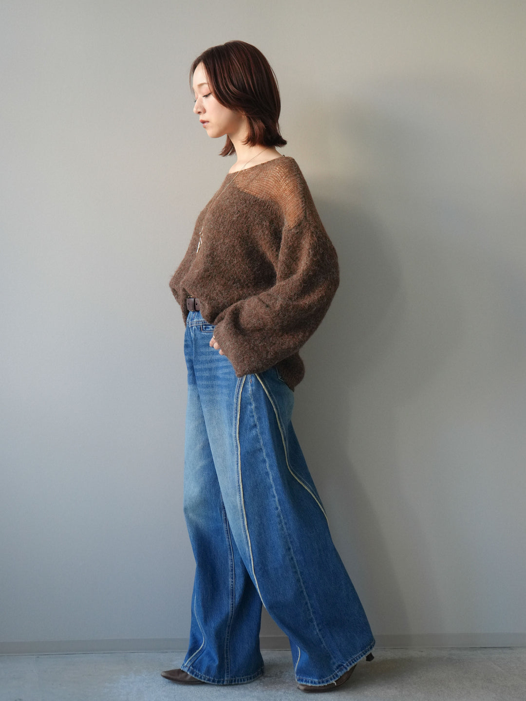 [SET]透かしデザインニットプルオーバー+サイドフリンジワイドデニムパンツ(2set)