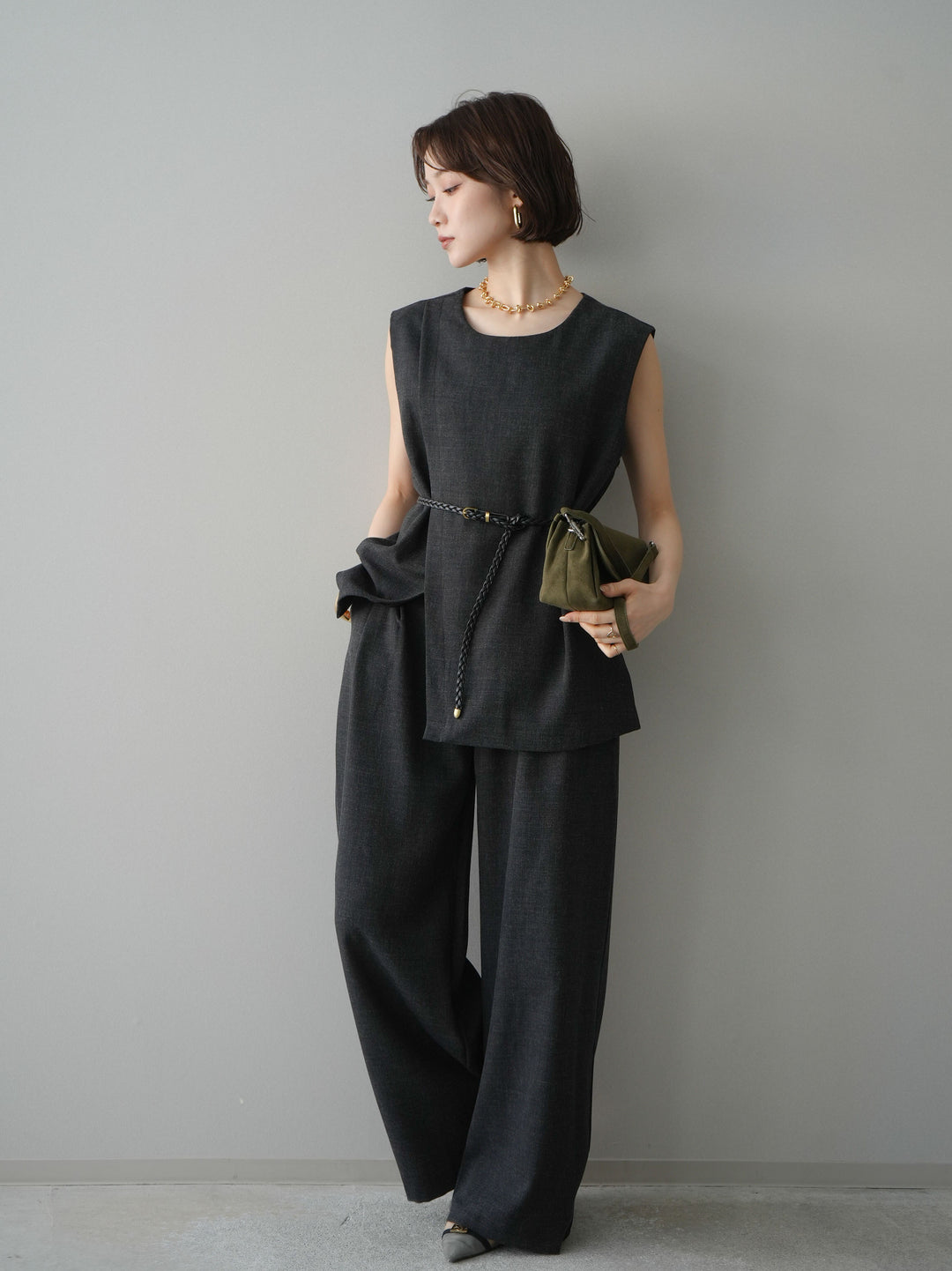 [SET]ベルト付ノースリーブトップス＆ワイドパンツSETUP