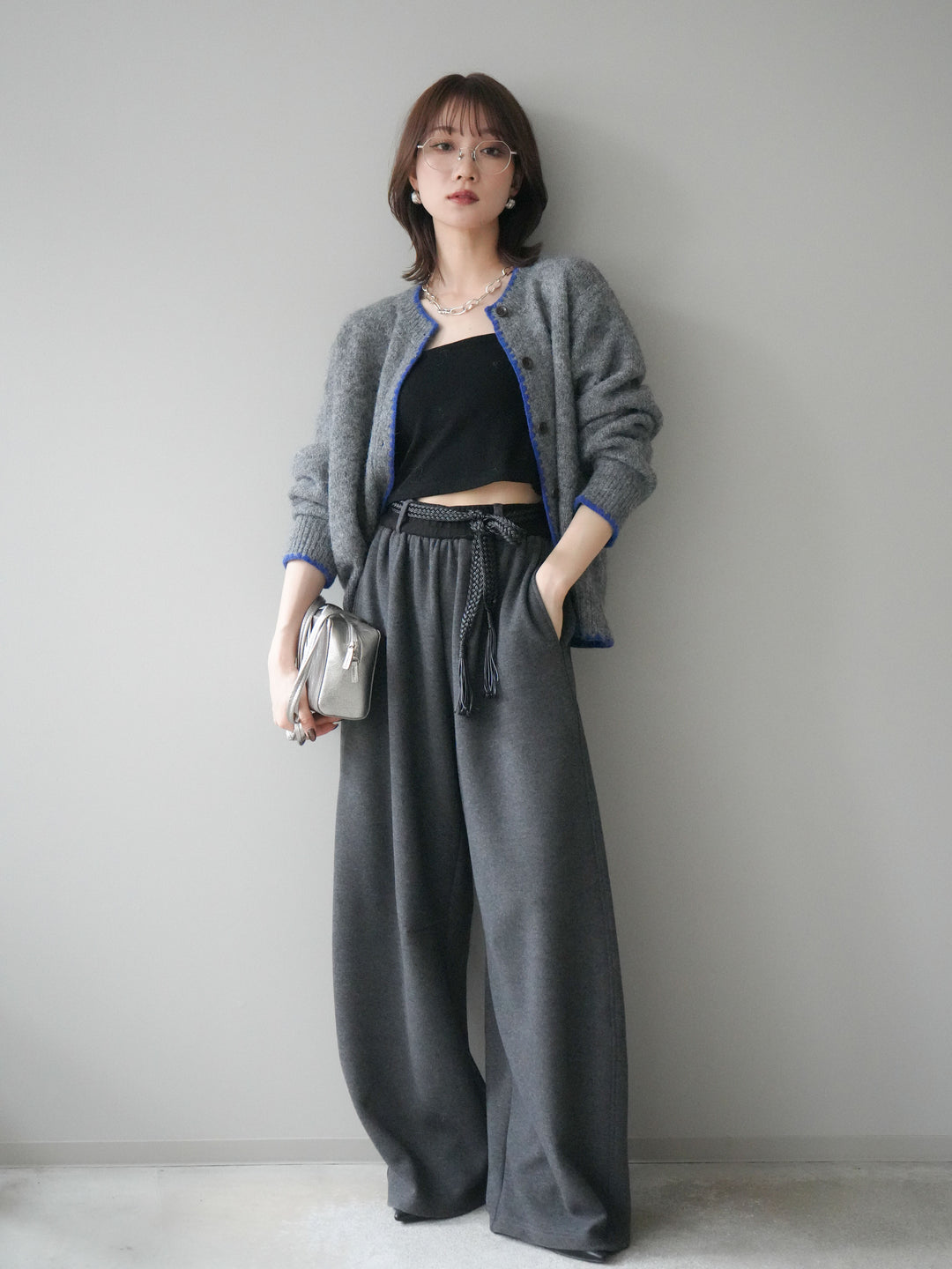 [予約]編み込みベルト付きウエスト配色スエットパンツ/gray