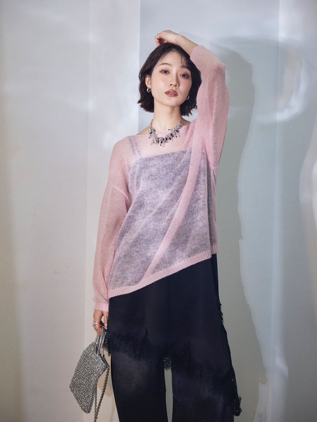 【Allure】[SET]モヘアタッチ透かし編みボートネックニットプルオーバー+アシメカーブデニムパンツ(2set)