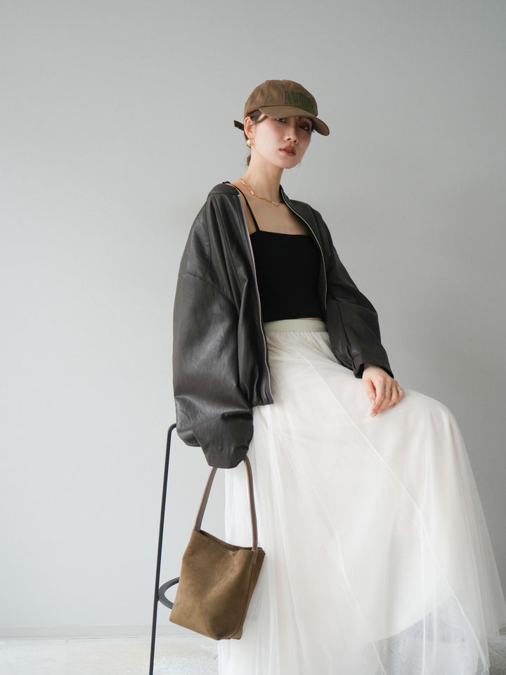 [予約]フェイクレザー裾バルーンブルゾン/ブラウン