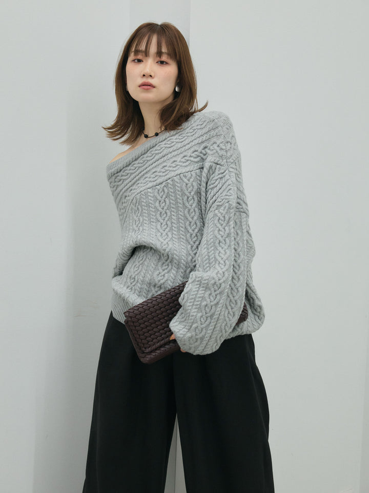 【Allure】[SET]ケーブルワンショルニットプルオーバー+ループデザインツイルワイドパンツ(2set)